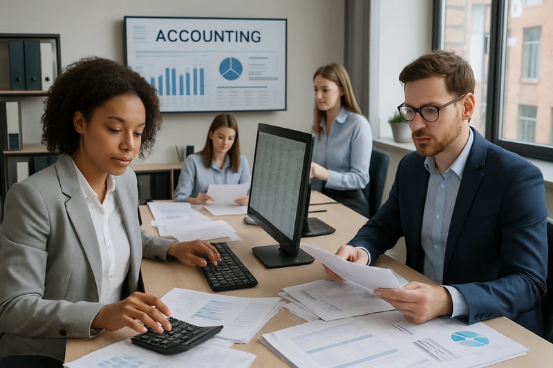 Equipa de contabilidade a trabalhar em ambiente digital, com computadores e documentos, num escritório moderno.