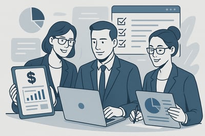 Ilustração de profissionais de contabilidade a analisar documentos digitais, transmitindo confiança e eficiência. Ilustração de profissionais de contabilidade a analisar documentos digitais, transmitindo confiança e eficiência.