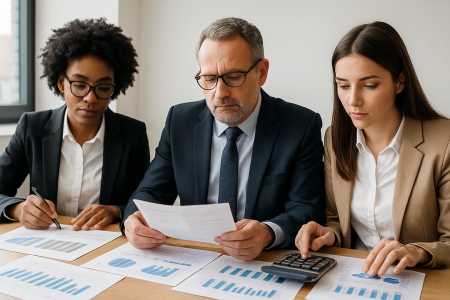 Profissionais de contabilidade a analisar documentos financeiros